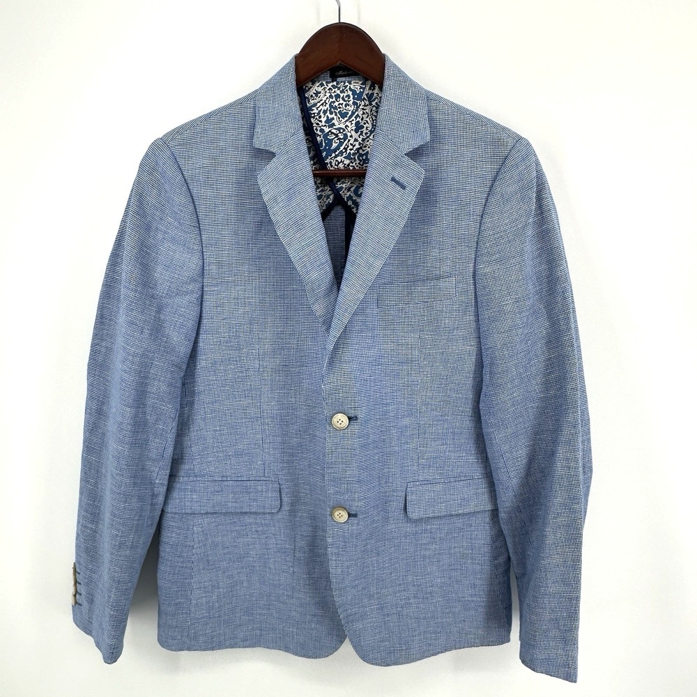 Gianni Feraud Linen Blend Mens Blazer 40R Blue 2-Button Party Wedding Prom
